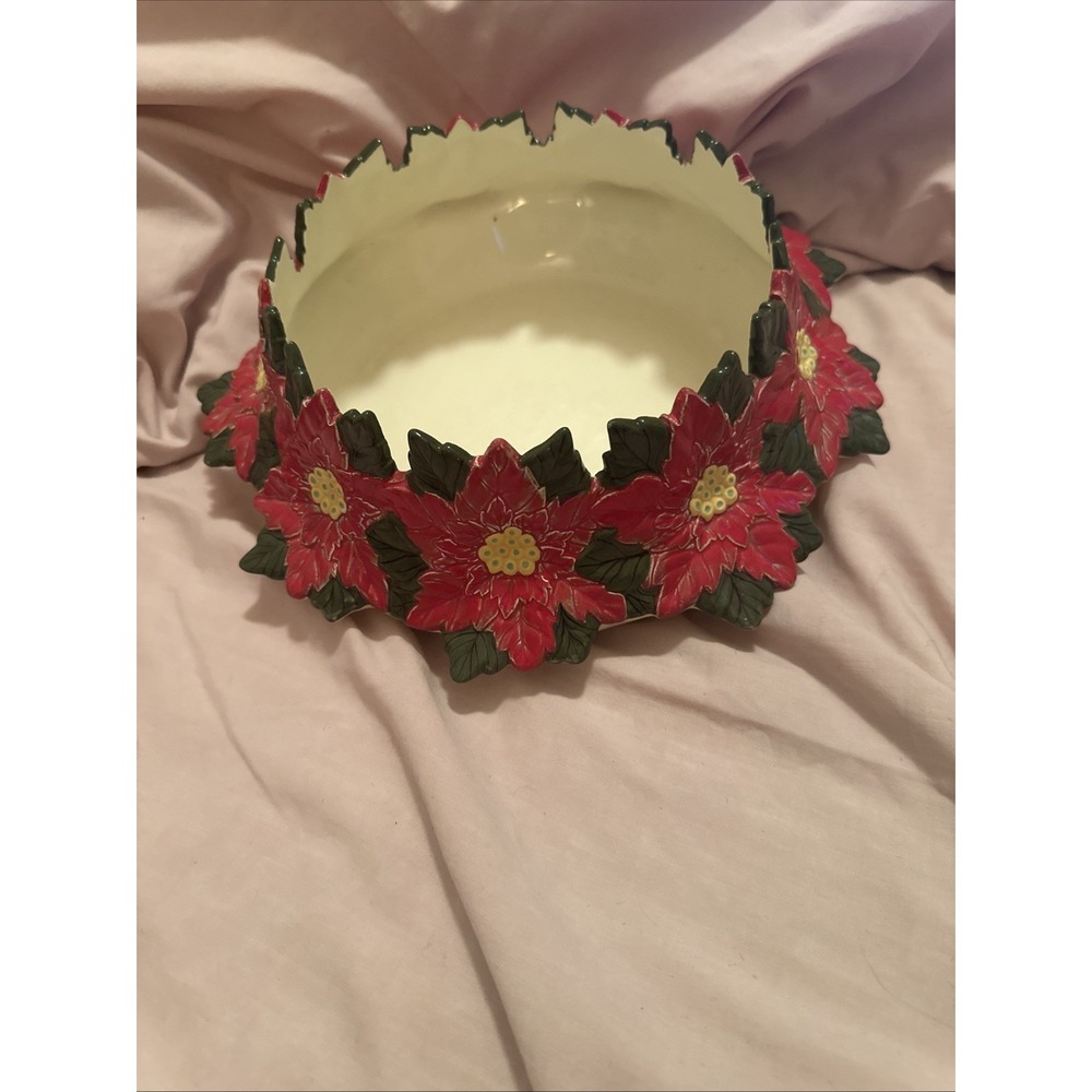 Vintage Ceramic Christmas Holiday Serving Decorative Bowl Red Poinsettia